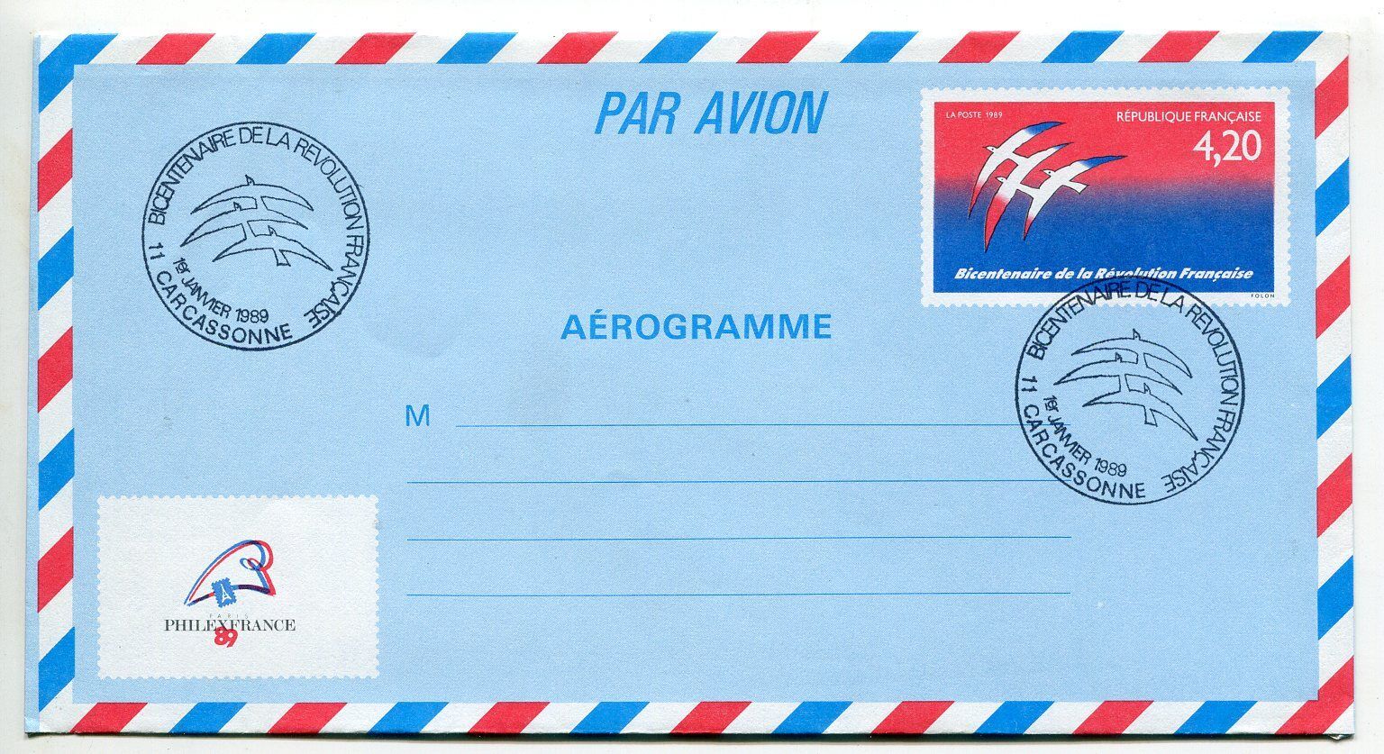 LETTRE CARCASSONNE AEROGRAMME PREMIER JOUR BICENTENAIRE REVOLUTION 121170744489