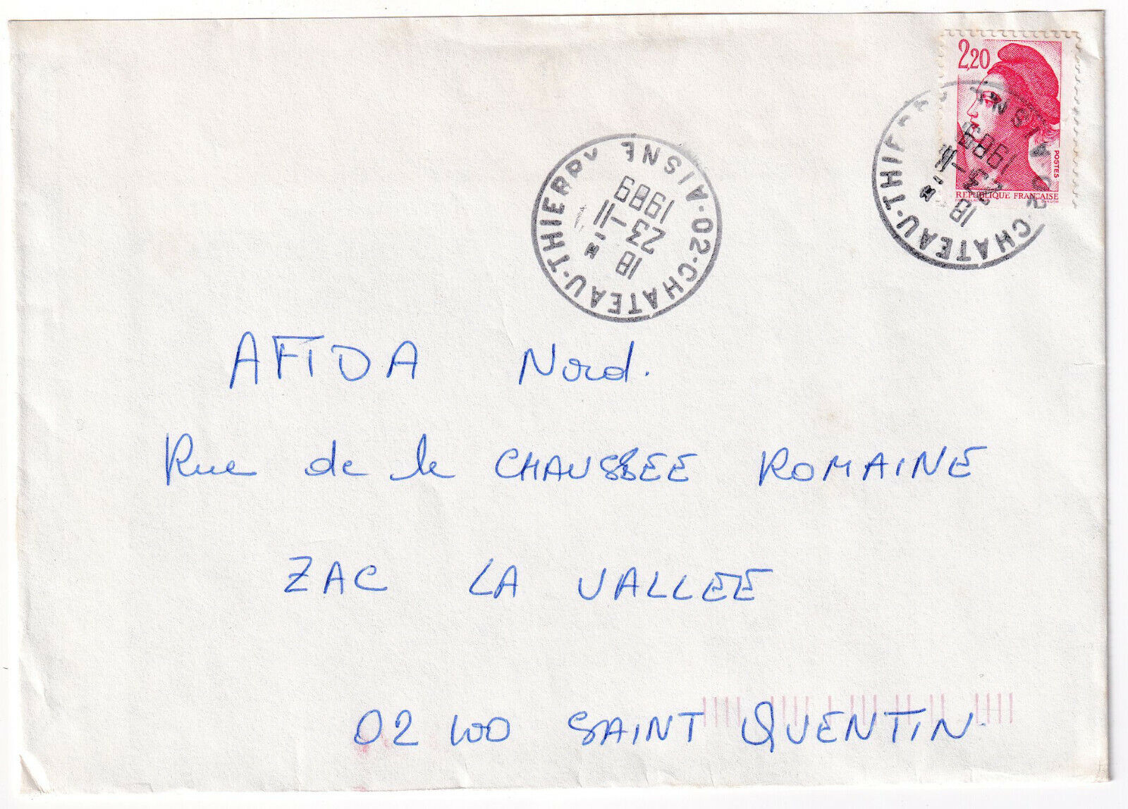 LETTRE CHATEAU THIERRY POUR SAINT QUENTIN CACHET 1989