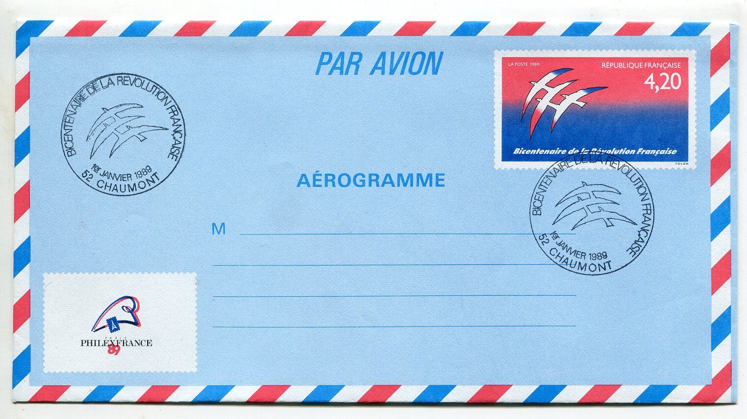 LETTRE CHAUMONT AEROGRAMME PREMIER JOUR BICENTENAIRE REVOLUTION 400567015029