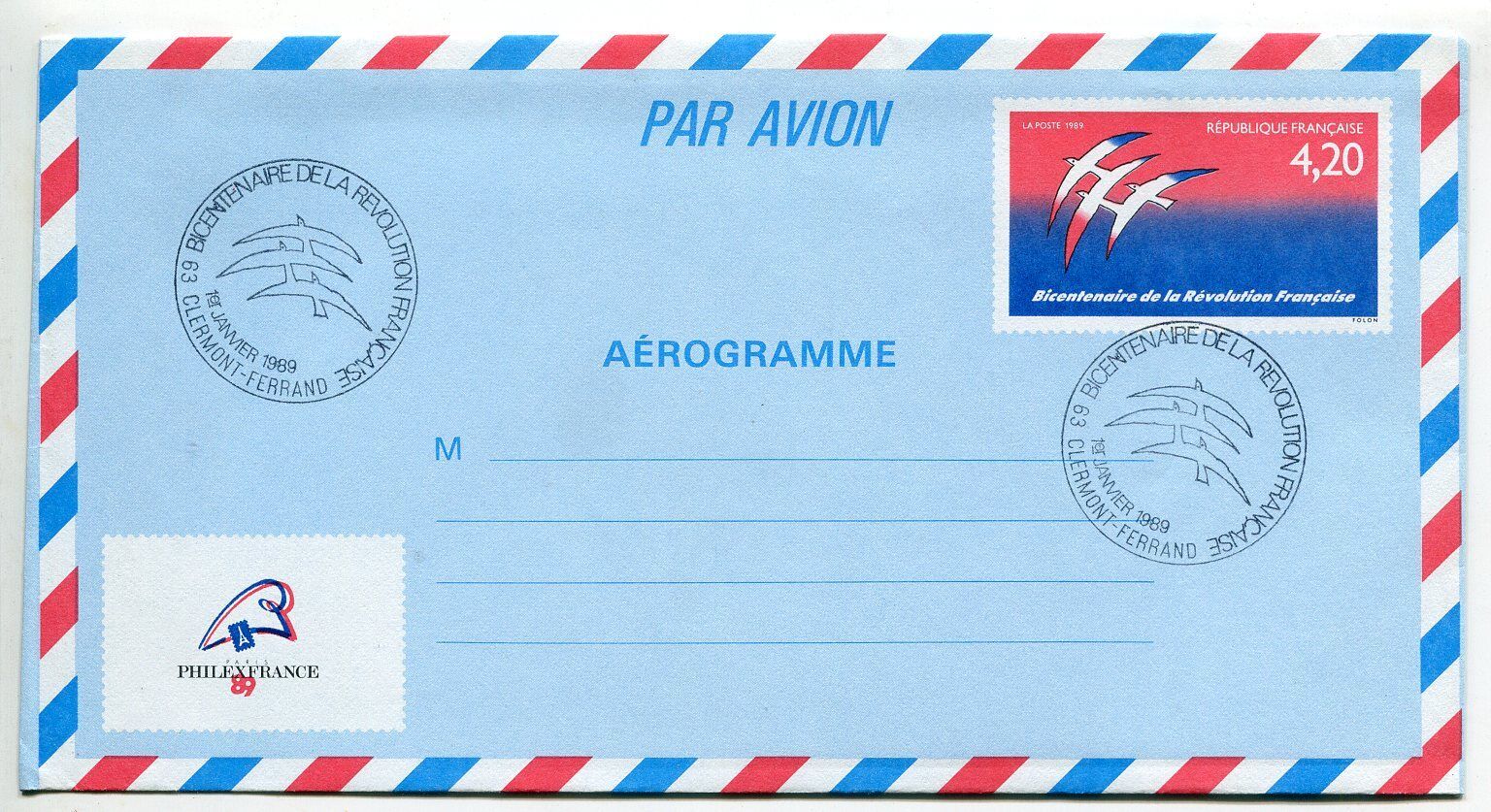 LETTRE CLERMONT FERRAND AEROGRAMME PREMIER JOUR BICENTENAIRE REVOLUTION 121170942769