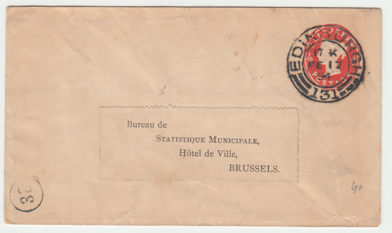 LETTRE ENTIER POSTAL ROYAUME UNI 1894 POUR LA MAIRIE DE BRUSSELS 402822214829