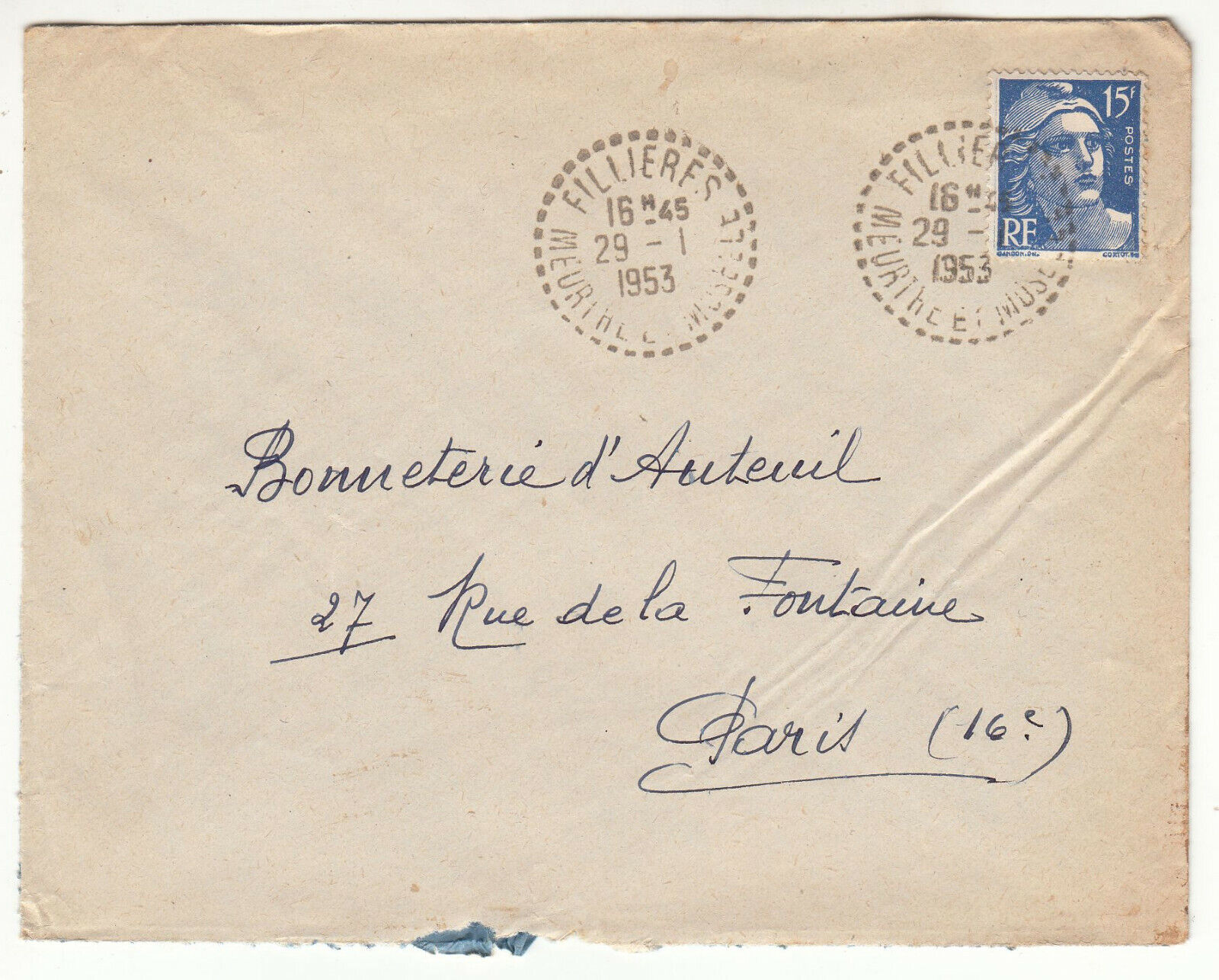 LETTRE FILLIERES POUR PARIS SEUL SUR LETTRE GANDON CACHET PERLE 123849411239