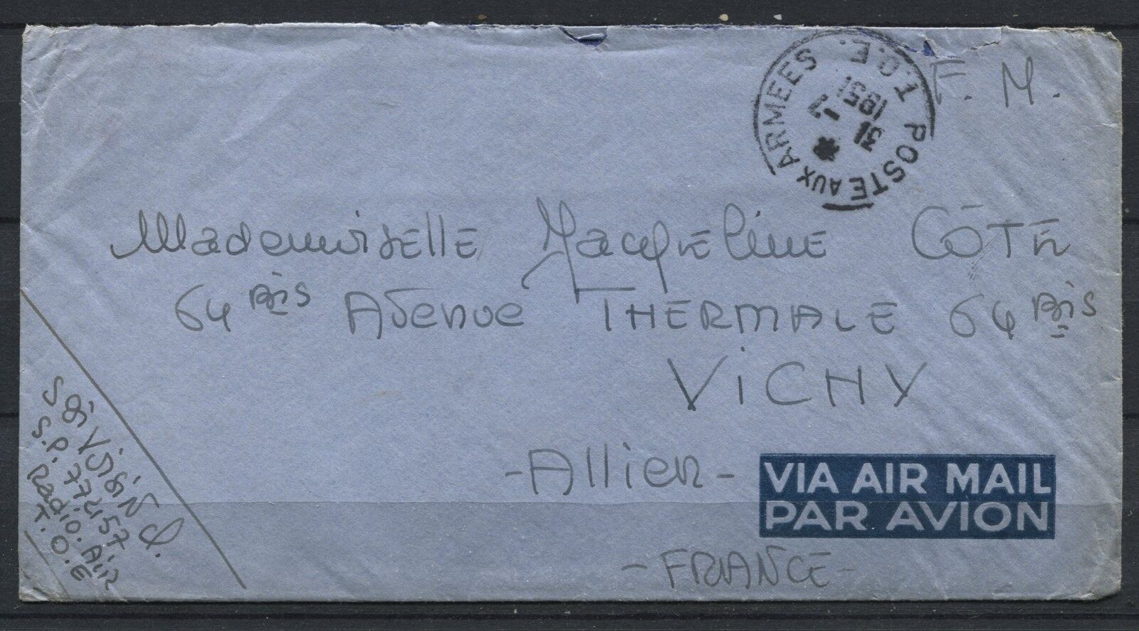 LETTRE FRANCHISE MILITAIRE POUR VICHY 1951 PAR AVION 120969399389