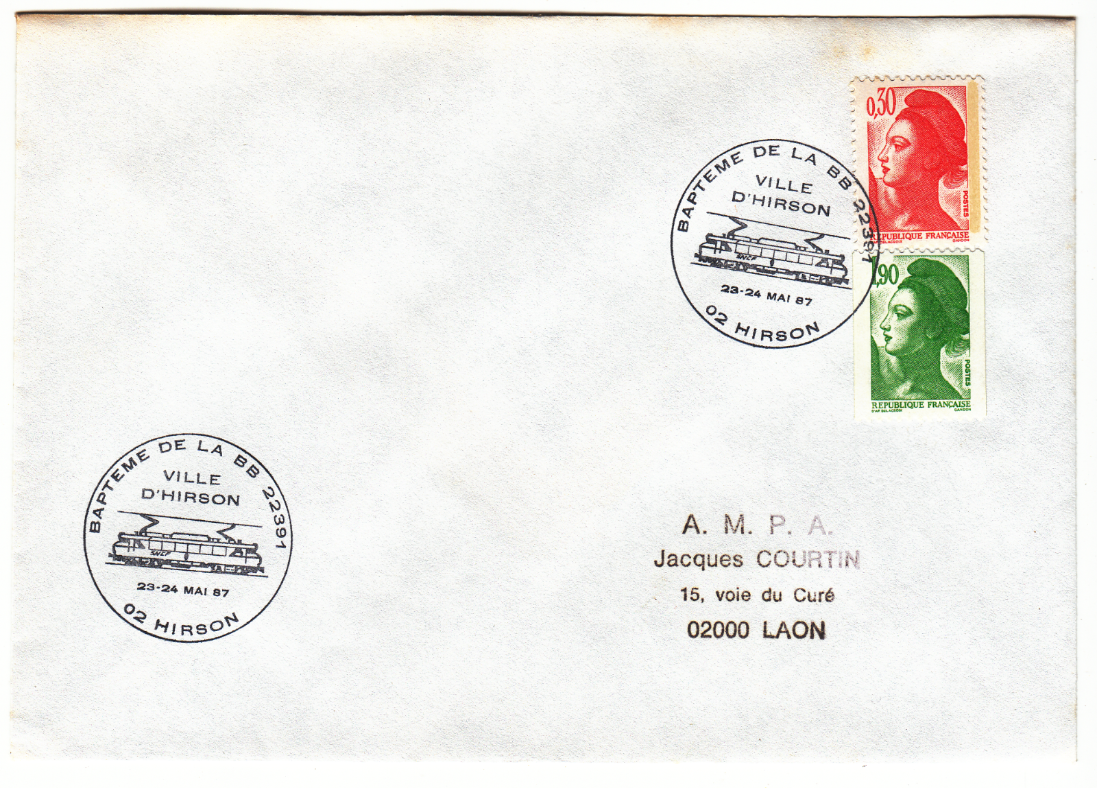 LETTRE HIRSON POUR LAON 1987 CACHET BAPTEME DE LA BB 22391 TRAIN LOCOMOTIVE 402063966539