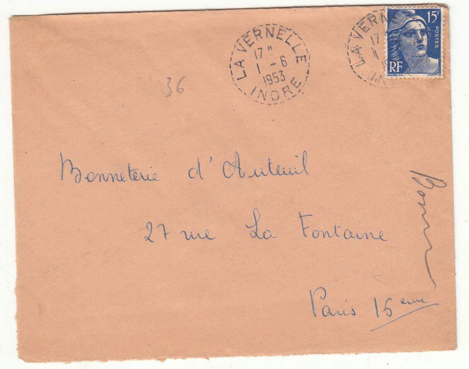 LETTRE LA VERNELLE INDRE POUR PARIS 1953 GANDON CACHET PERLE 401881083409