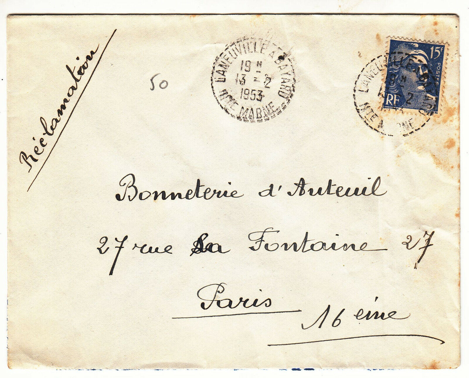 LETTRE LANEUVILLE A BAYARD POUR PARIS 1953 GANDON CACHET PERLE 123903981249