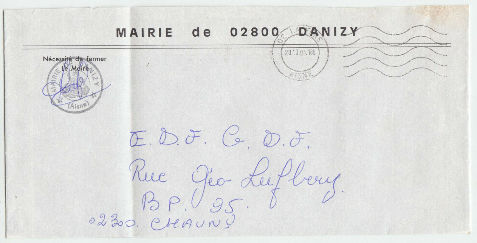 LETTRE MAIRIE DE DANIZY LA FERE POUR LAON 194 FLAMME MARIANNE 402084178369