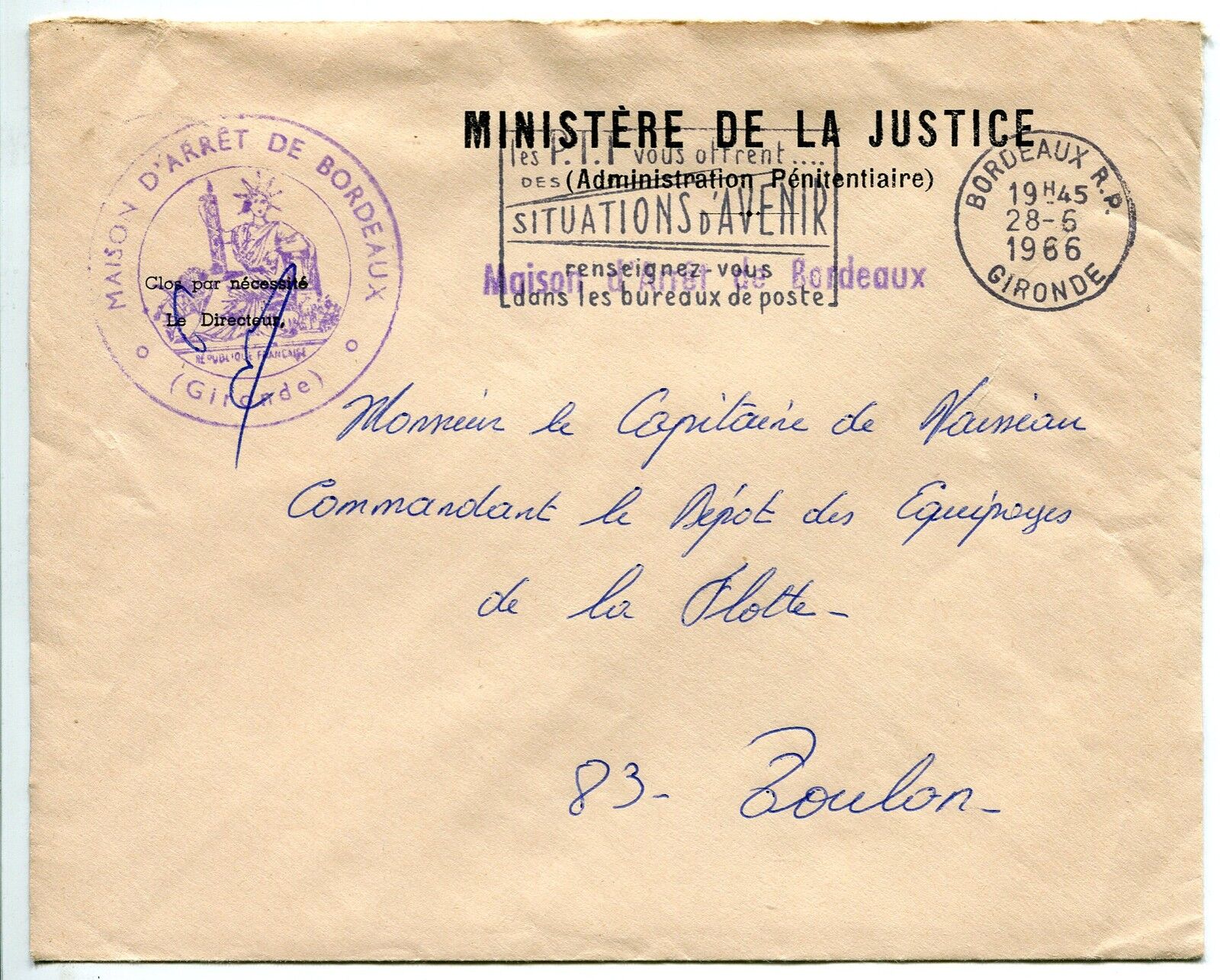 LETTRE MARINE MILITAIRE MAISON D ARRET BORDEAUX POUR TOULON 1966 FLAMME 400443731389