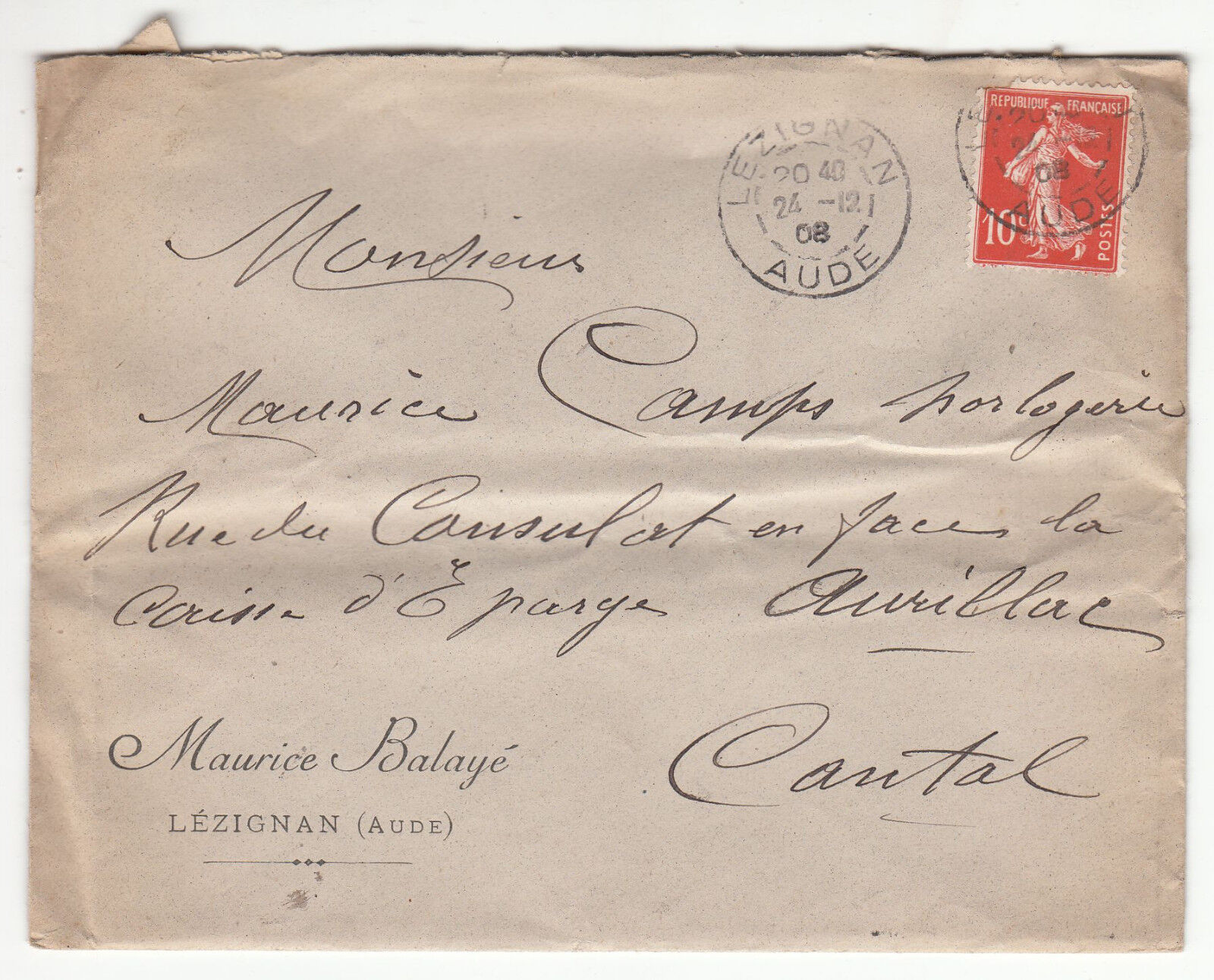 LETTRE MAURICE BALAYE LEZIGNAN AURILLAC 1908 LETTRE 122869642679