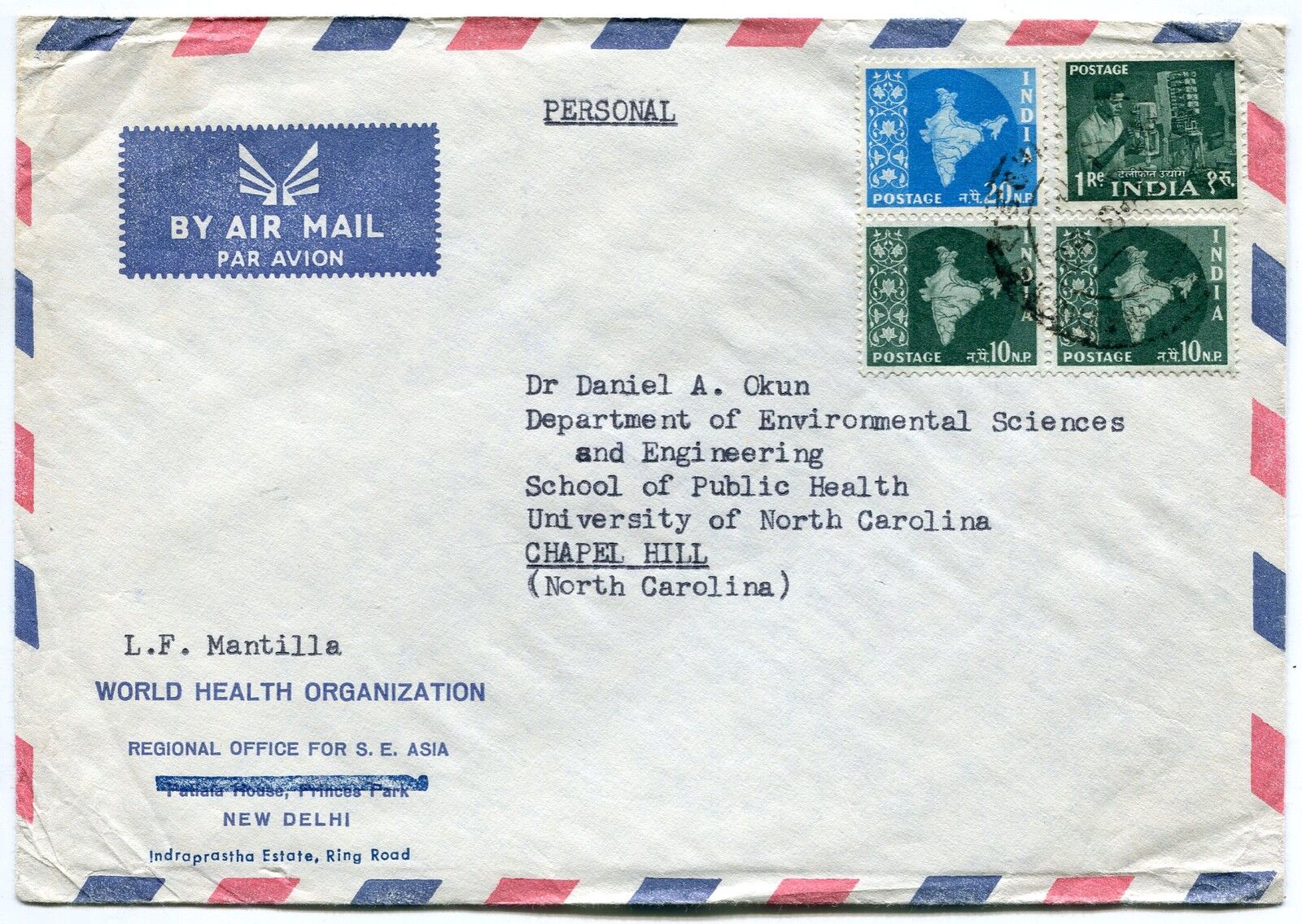 LETTRE NEW DEHLI INDE POUR CHAPEL HILL UNIVERSITE PAR AVION AIR MAIL 121370979189