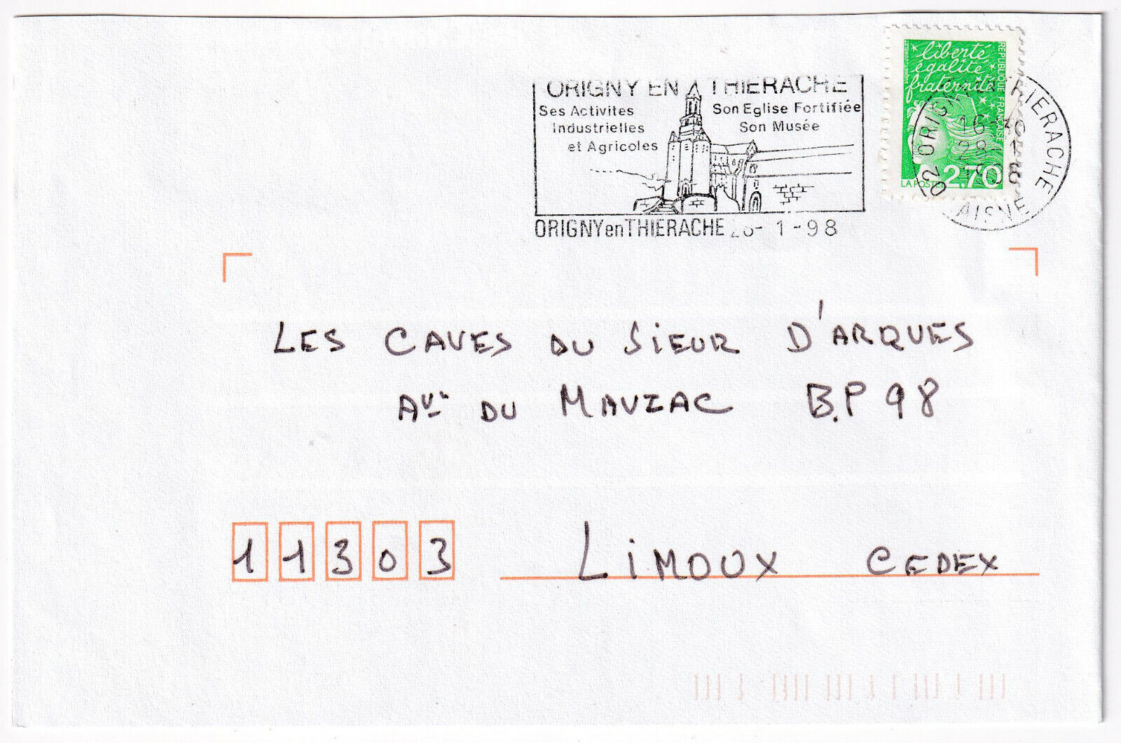 LETTRE ORIGNY EN THIERACHE POUR LIMOUX 1998 FLAMME 403396474759