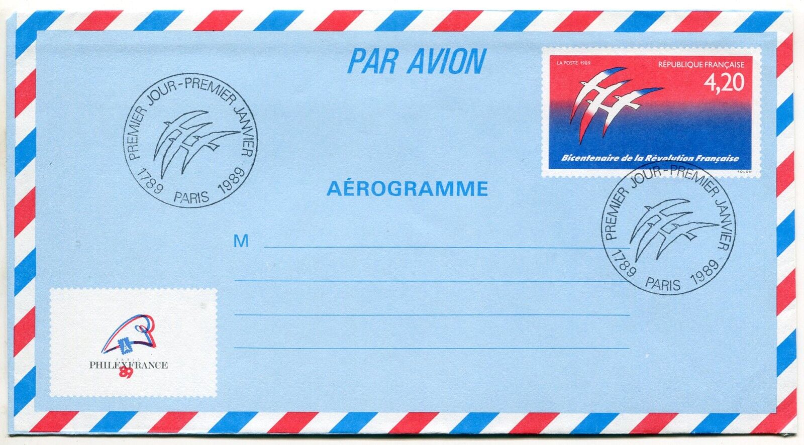 LETTRE PARIS AEROGRAMME PREMIER JOUR BICENTENAIRE REVOLUTION 121170964859