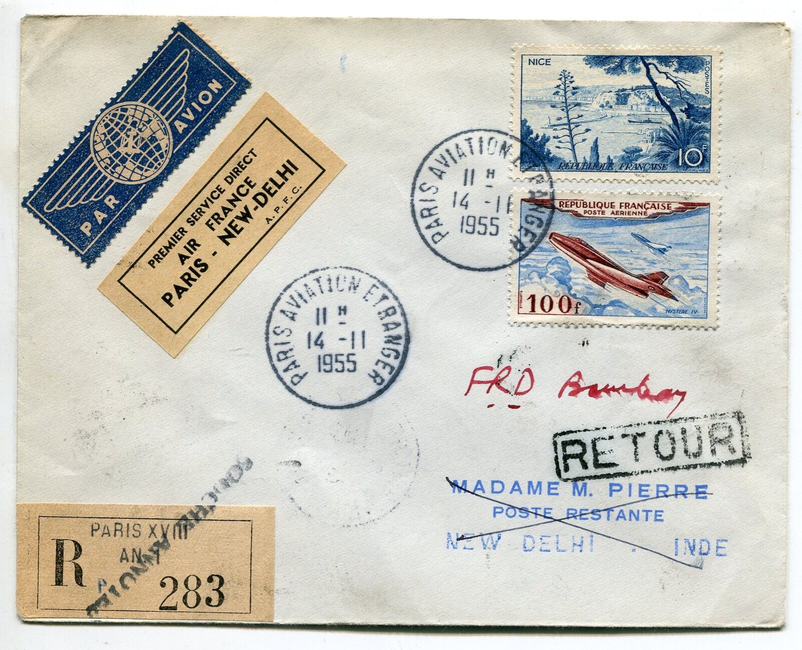 LETTRE PARIS AVIATION ETRANGER NEW DELHI RECOMMANDE RETOUR PARIS BOMBAY 1955 400731687969