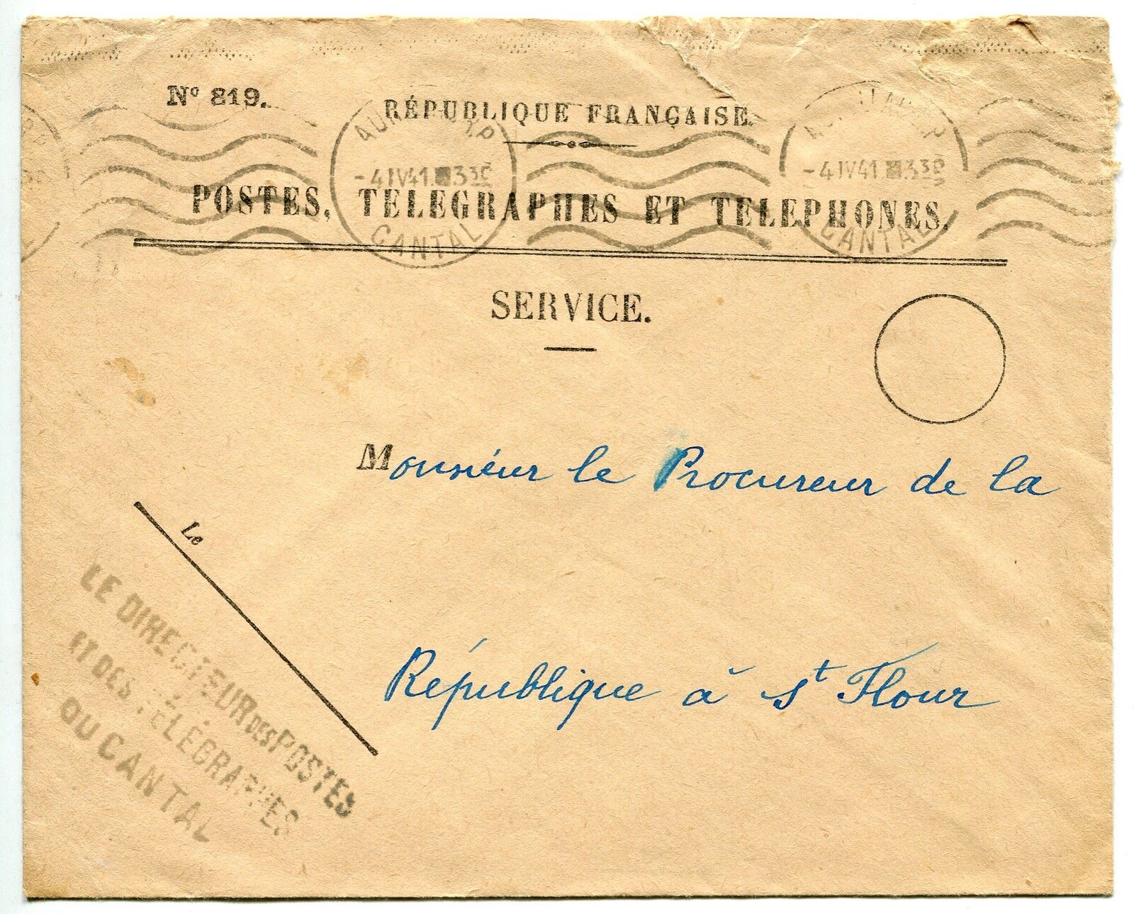 LETTRE POSTES TELEGRAPHES ST FLOUR CANTAL 1941 121451083879