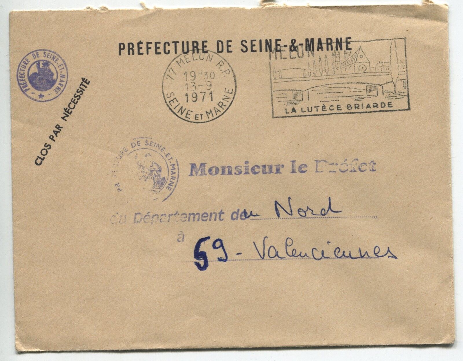 LETTRE PREFECTURE SEINE ET MARNE POUR LE PREFET VALENCIENNES 1971 FLAMME 120890049449