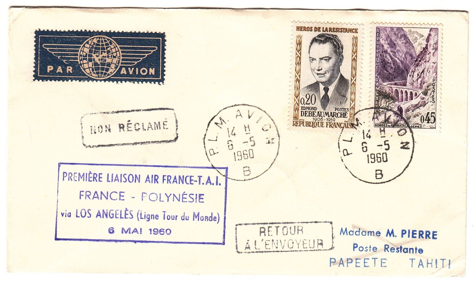 LETTRE PREMIER VOL AIR FRANCE FRANCE POLYNESIE 1960 RETOUR A L ENVOYEUR 121983900049