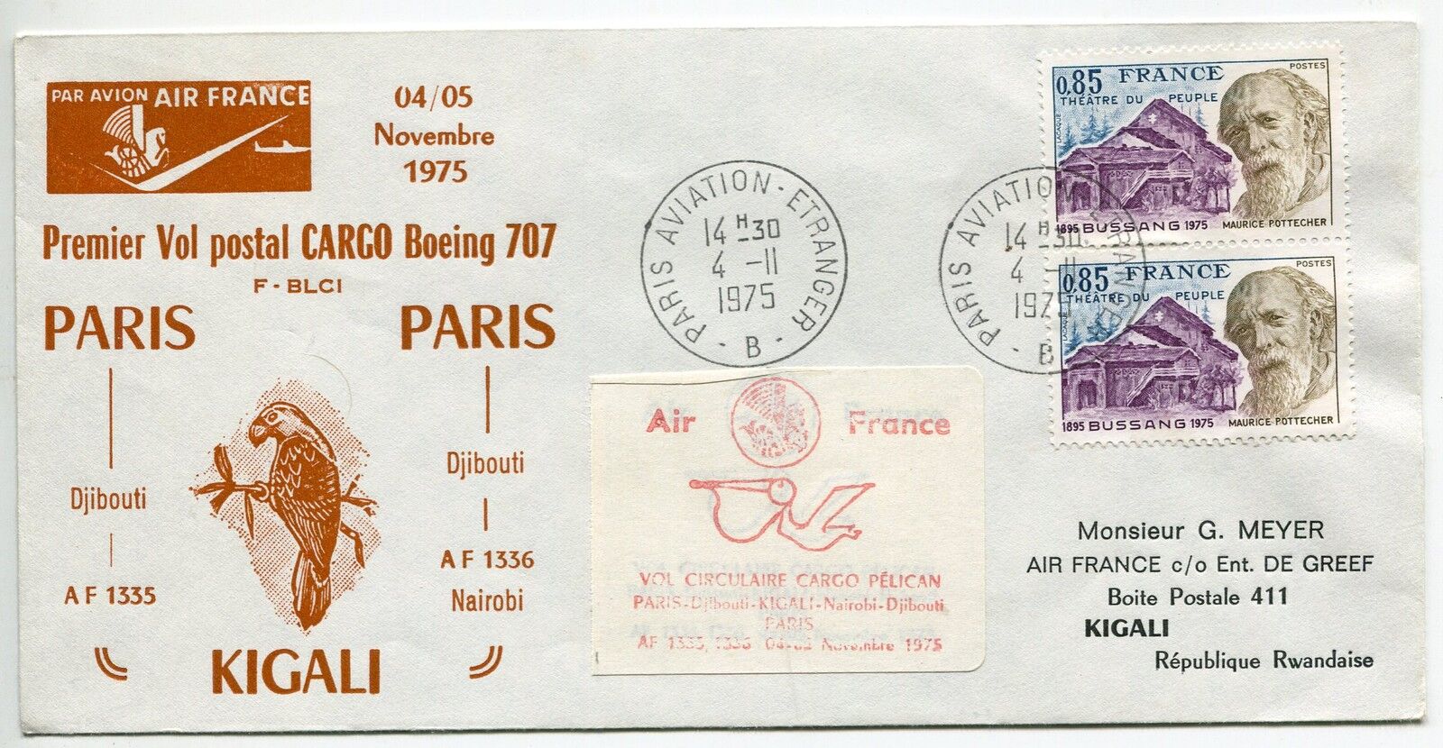 LETTRE PREMIER VOL PARIS KIGALI REPUBLIQUE RWANDAISE 1975 AIR FRANCE 400787479929