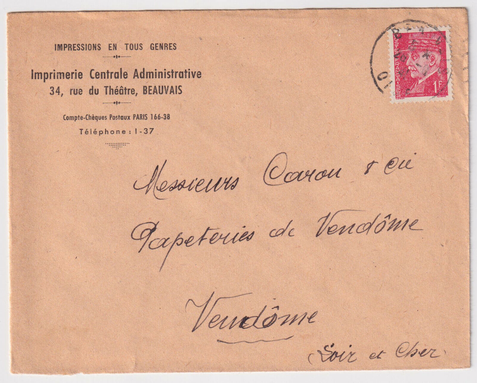 LETTRE PUBLICITAIRE 1941 IMPRIMERIE CENTRALE ADMINISTRATIVE BEAUVAIS 124959846679