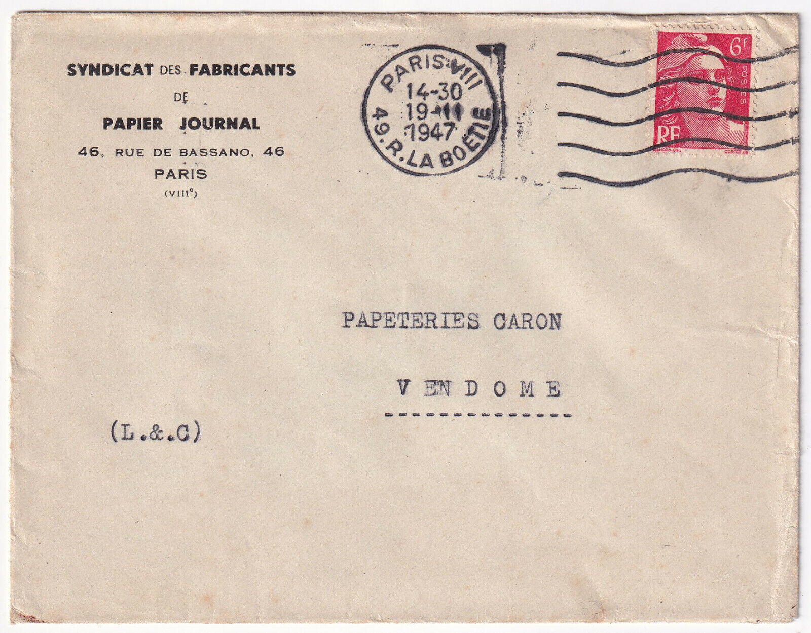 LETTRE PUBLICITAIRE 1947 SYNDICAT DES FABRICANTS DE PAPIER JOURNAL PARIS 8 124959846689