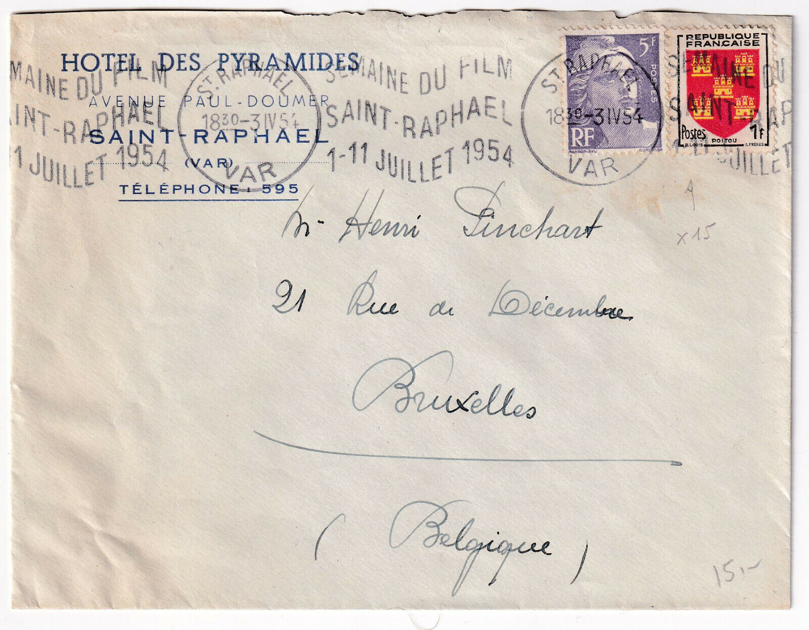 LETTRE PUBLICITAIRE 1954 HOTEL DES PYRAMIDES SAINT RAPHAEL FLAMME SEMAINE FILM 124959846649