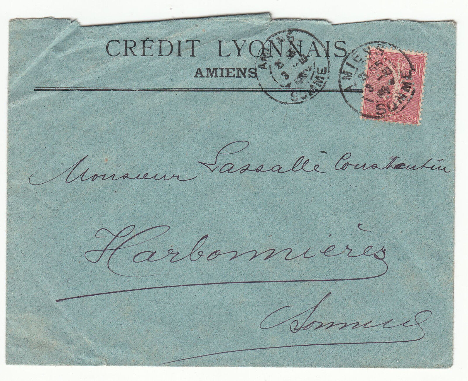 LETTRE PUBLICITAIRE CREDIT LYONNAIS AMIENS HARBONNIERES 1909 SEMEUSE PERFOREE 122868144169