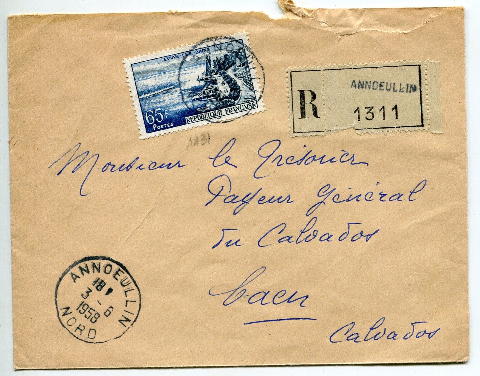 LETTRE RECOMMANDE ANNOEULLIN CAEN 1958 TIMBRE N 1131 EVIAN LES BAIN 400782098669