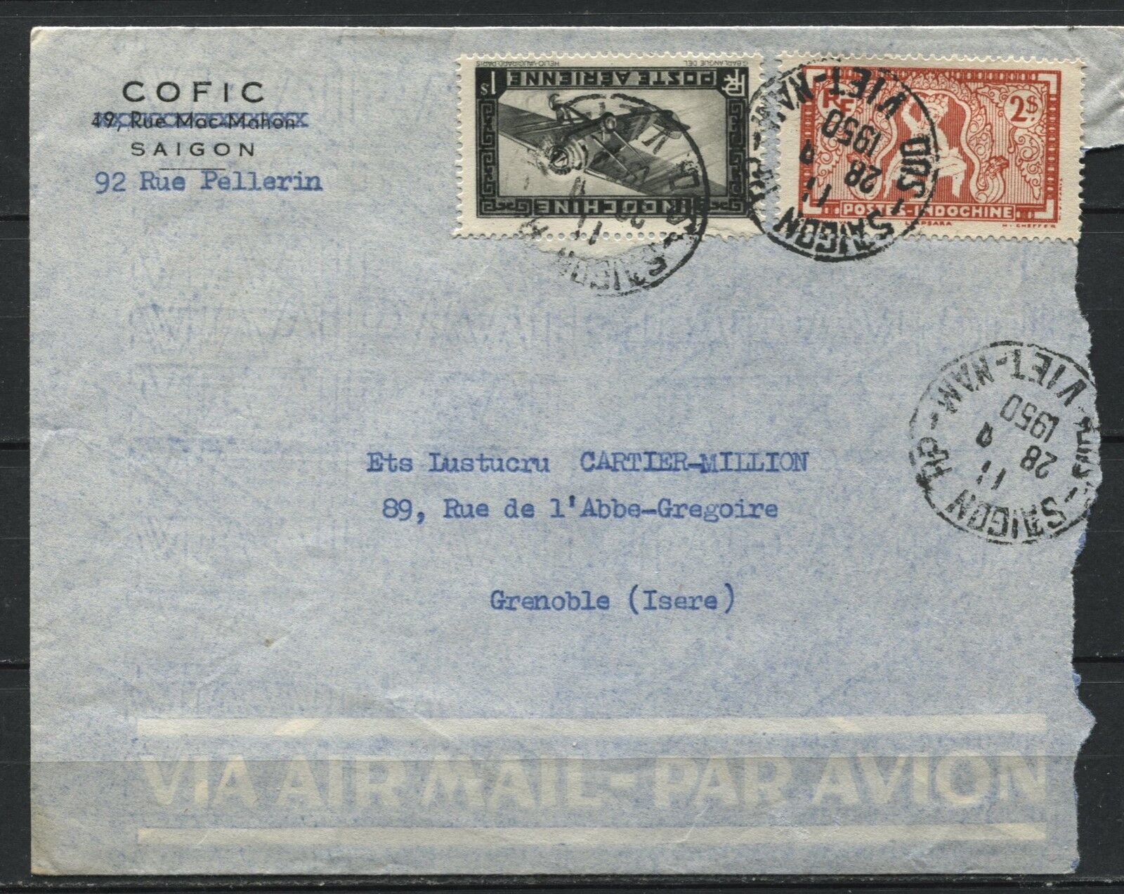 LETTRE SAIGON VIET NAM POUR GRNOBLE 1950 PAR AVION 120969399429