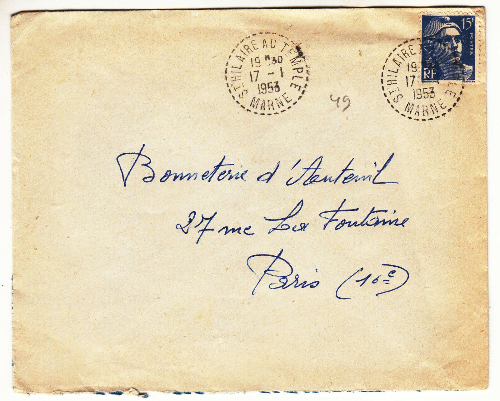 LETTRE SAINT HILAIRE TEMPLE POUR PARIS 1953 GANDON CACHET PERLE 123904007419