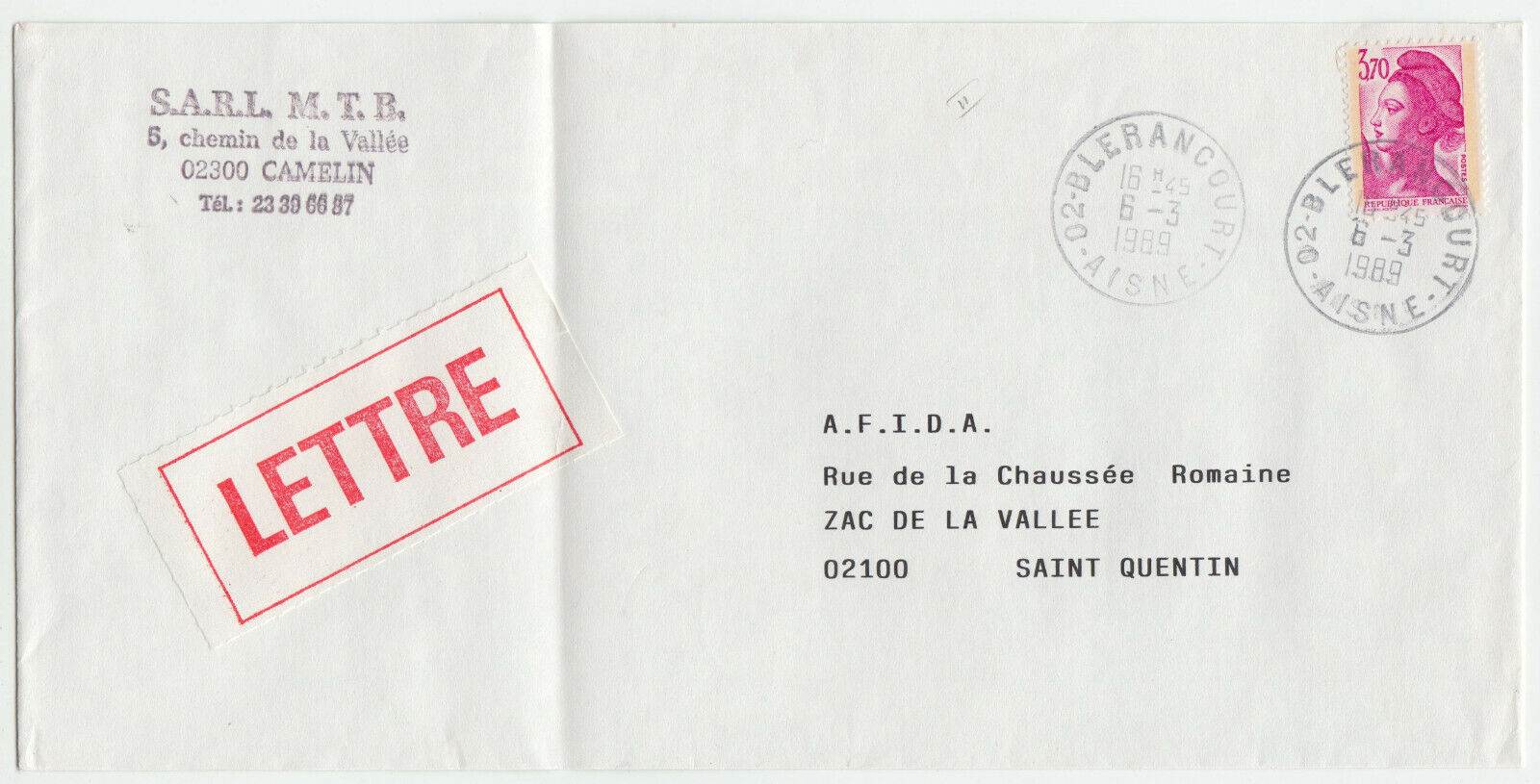 LETTRE SARL MTB CAMELIN BLERANCOURT POUR ST QUENTIN 1989 124074937009