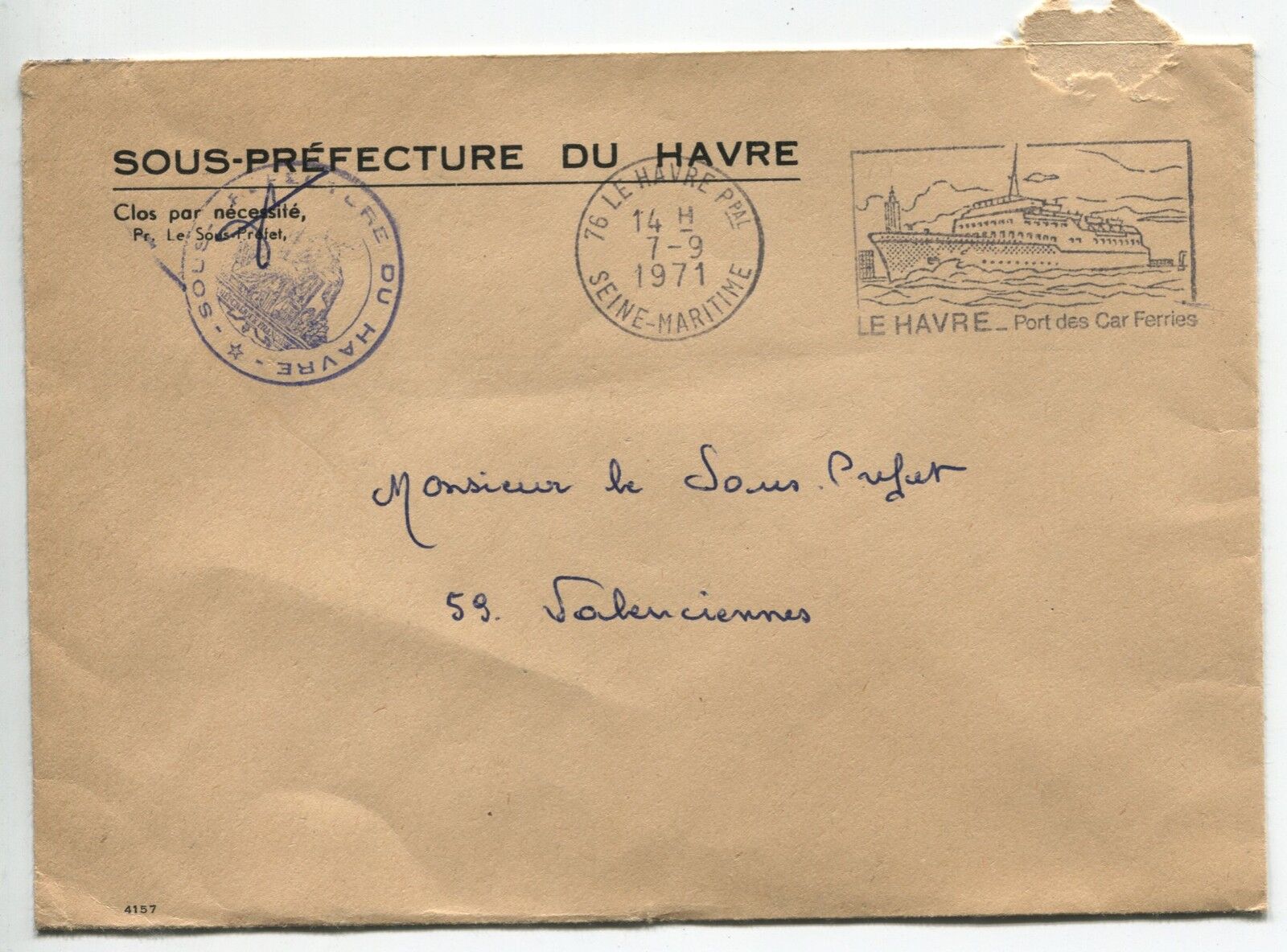 LETTRE SOUS PREFECTURE DU HAVRE POUR LE SOUS PREFET VALENCIENNES 1971 FLAMME 110865976579