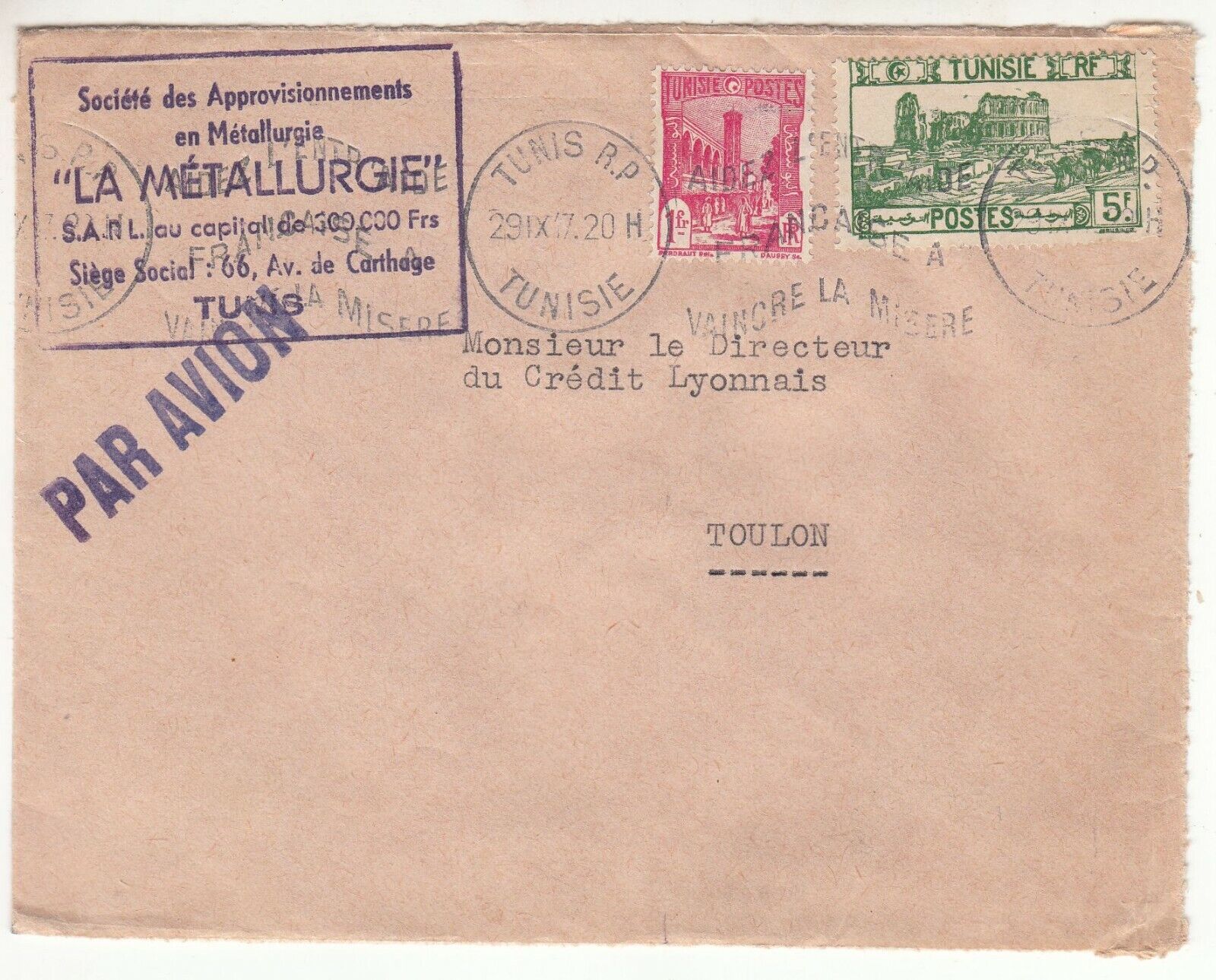 LETTRE TUNISIE SOCIETE METALLURGIE TUNIS TOULON 1947 CREDIT LYONNAIS PAR AVION 123745873509