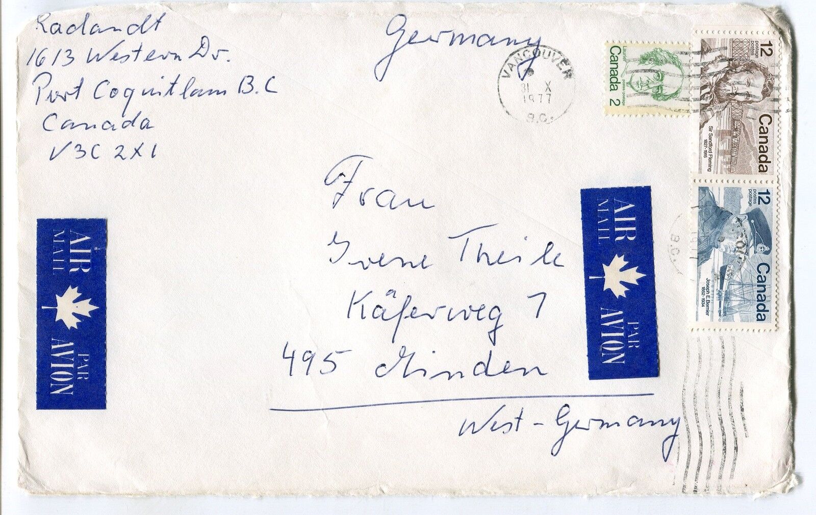 LETTRE VANCOUVER CANADA MINDEN ALLEMAGNE 1977 PAR AVION AIR MAIL 400731684459