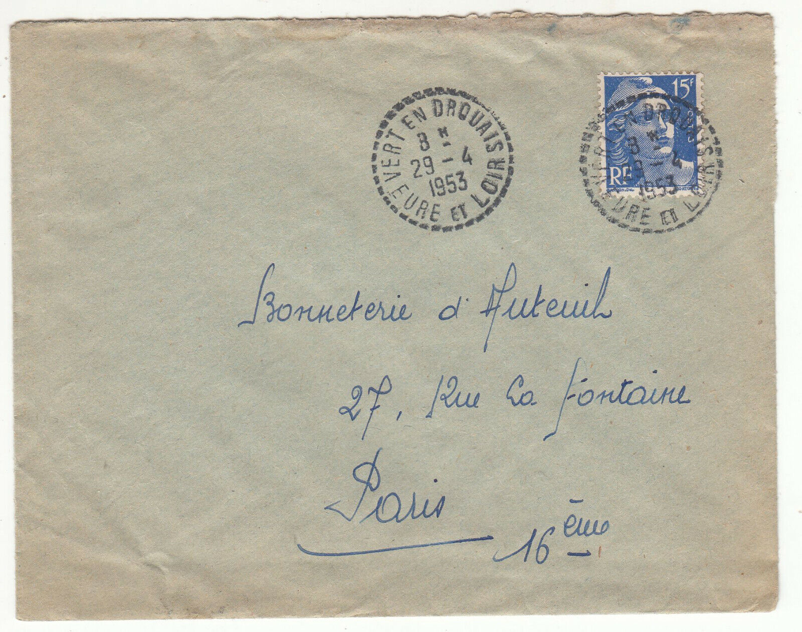 LETTRE VERT EN DROUAIS POUR PARIS SEUL SUR LETTRE GANDON CACHET PERLE 1953 401826446939