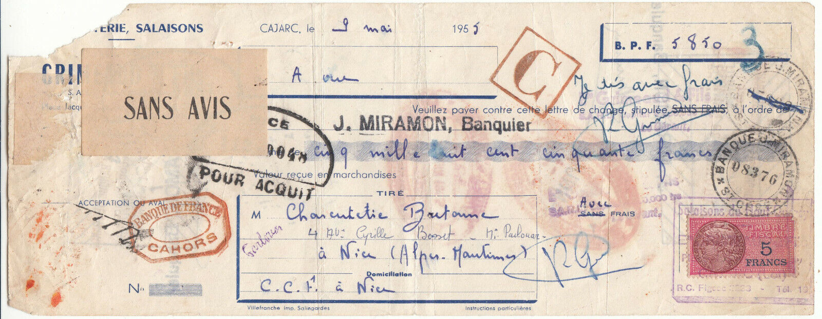 QUITTANCE 1955 BANQUE DE FRANCE CAHORS TIMBRE FISCAL CACHET C SANS AVIS 124033881619