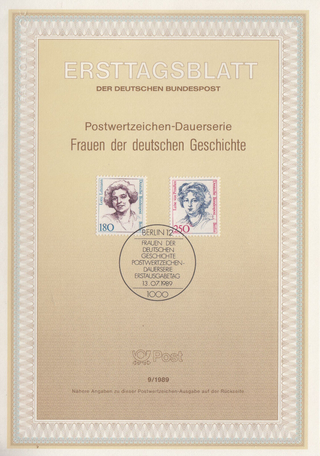 TIMBRE FDC ALLEMAGNE BERLIN OBL ERSTTAGSBLATT LOTTE LEHMANN ET LUISE VON 1989 401233100749