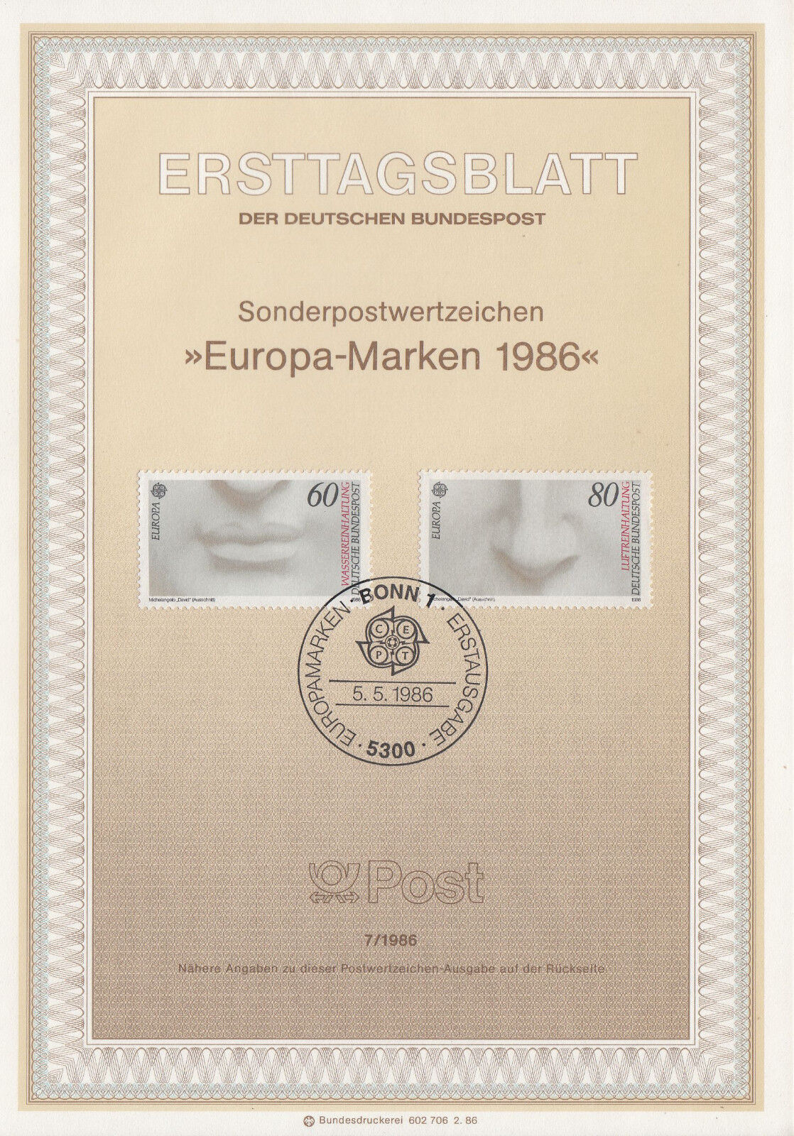 TIMBRE FDC ALLEMAGNE BONN OBL ERSTTAGSBLATT BOUCHE NEZ ORGANE PERCEPTION 1986 401234436959