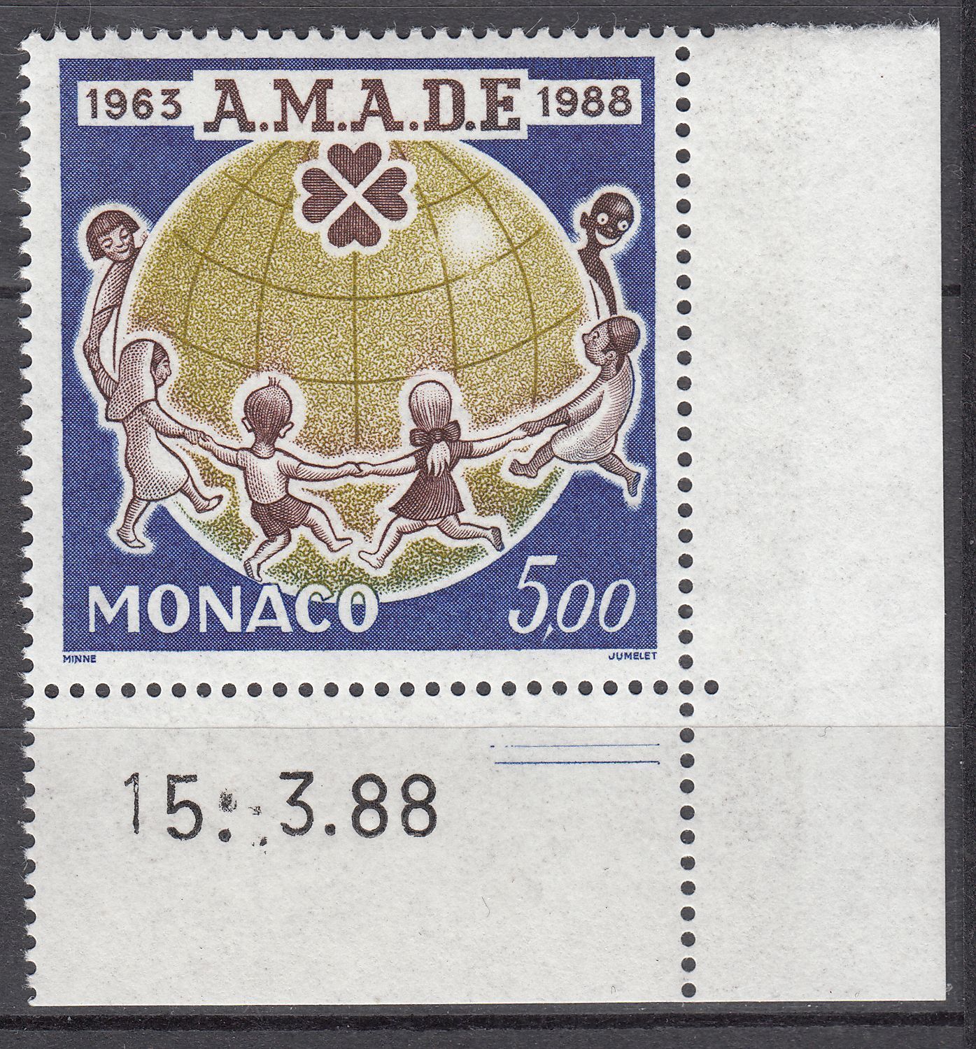 TIMBRE MONACO COIN DATE NEUF N 1625 RONDE ENFANT AUTOUR DU GLOBE 401644519109