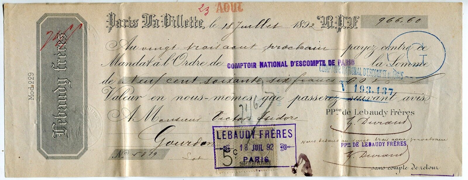 TRAITE 1892 LEBAUDY FRERES PARIS LA VILLETTE TIMBRE FISCAL 121488878919